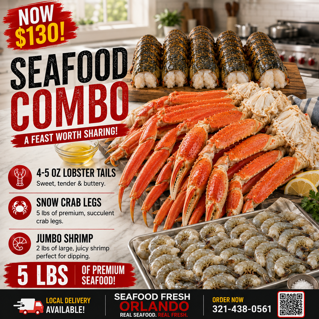 $130 Seafood Feast — Lobster Tails, Snow Crab & Jumbo Shrimp | Free Local Delivery