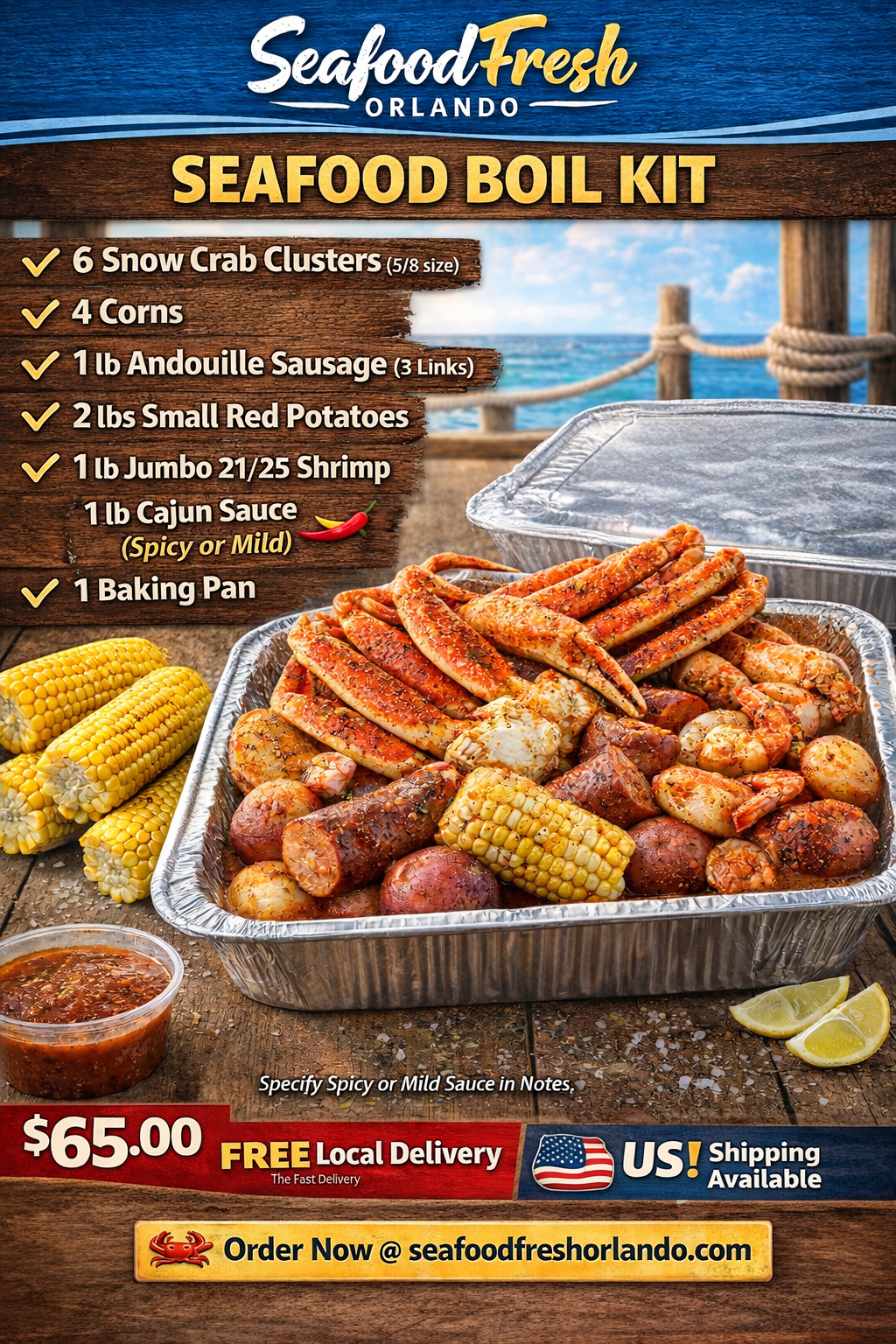 BOIL KIT #1 FEEDS 2-4 PERSONS CRAB SHRIMP CORN SAUCE POTATOES SAUSAGE 6 POUNDS