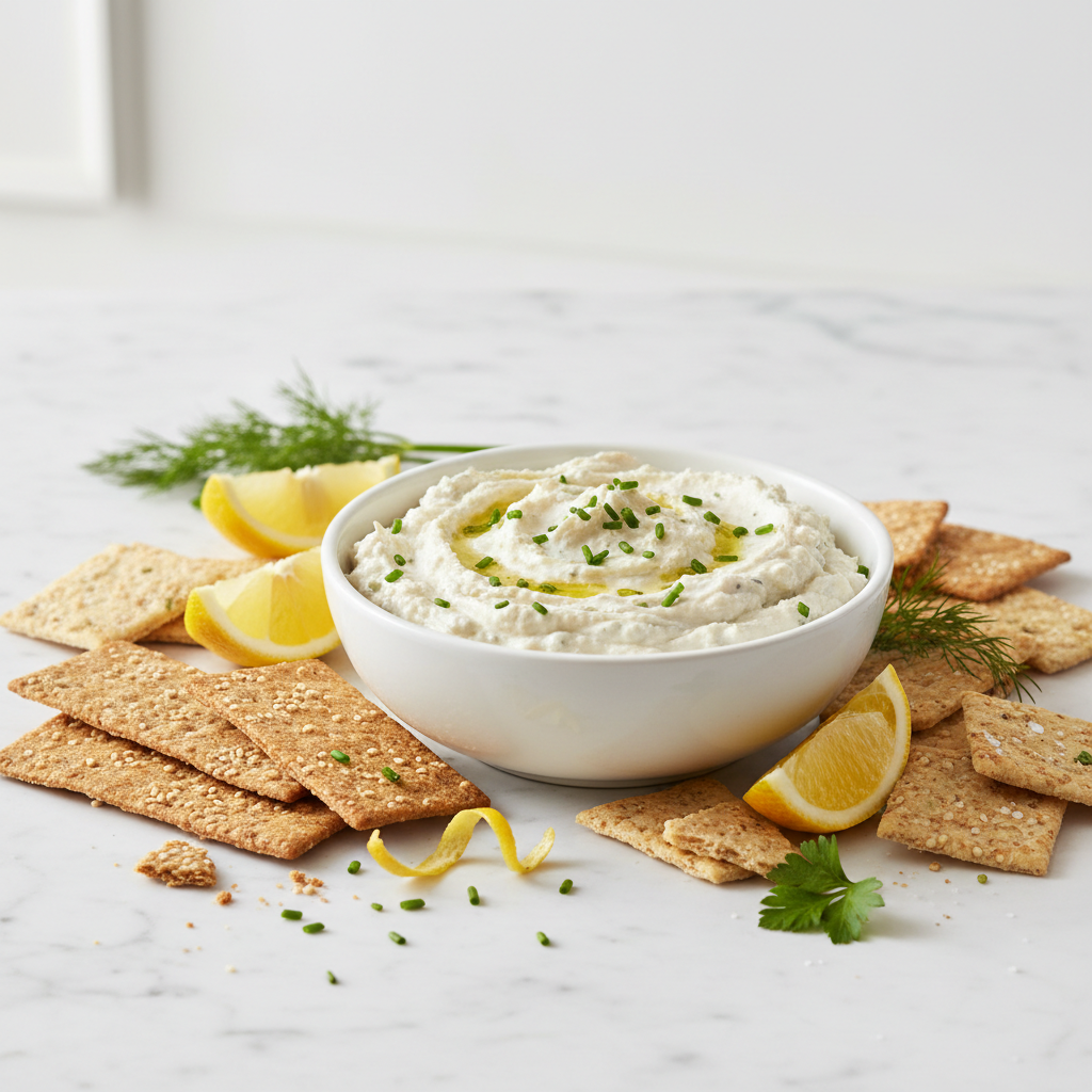 Mahi Smoked Fish Dip with crackers and lemon wedges on white marble