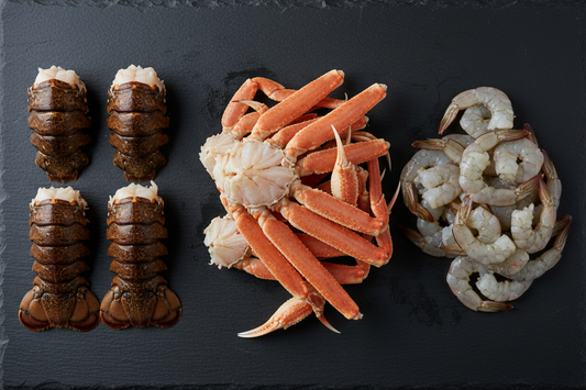 4 raw cold water Atlantic lobster tails, Alaskan snow crab clusters and raw headless jumbo shrimp
