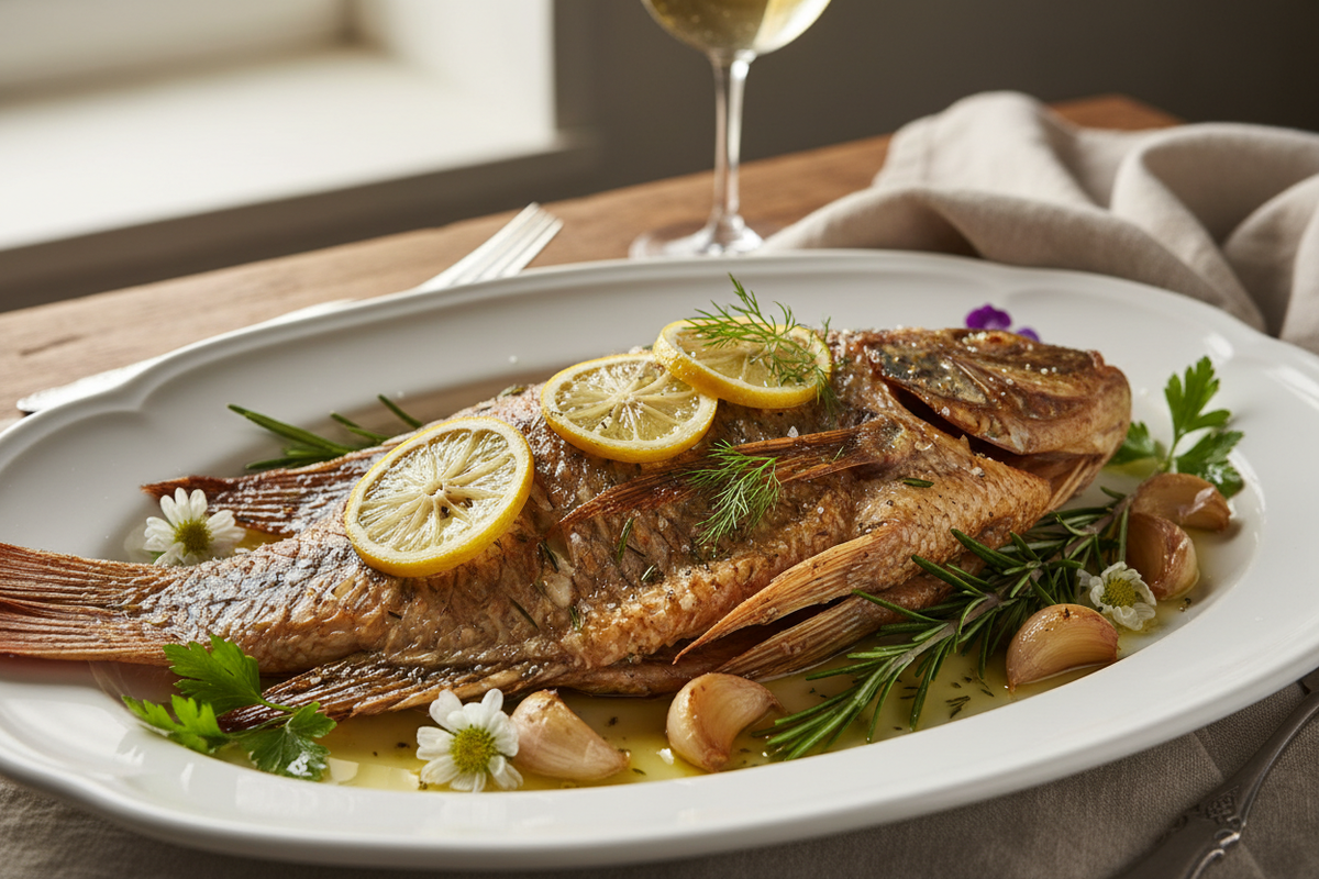 Roasted whole tilapia plated with lemon, herbs and garlic