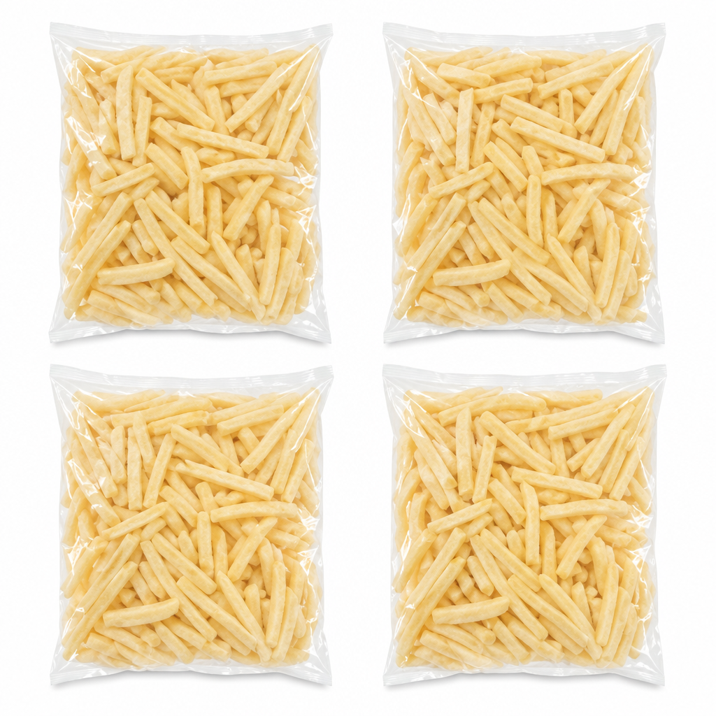 Illustrative image of four bags of uncooked fries