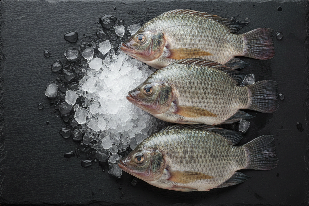 Fresh whole wild-caught tilapia on crushed ice, overhead view